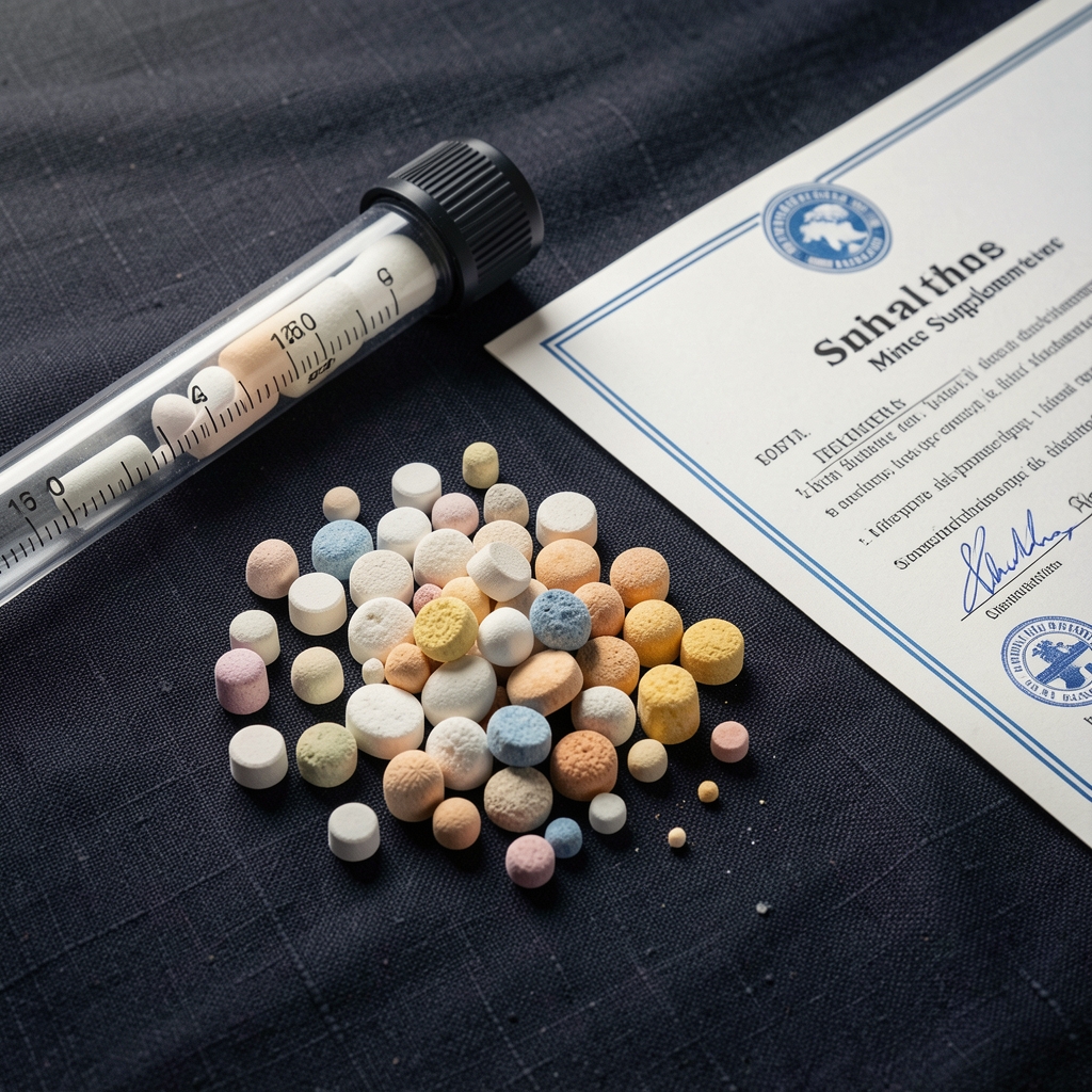 Close-up photograph of mineral supplement ingredients laid out on a dark linen background alongside a measuring instrument and certification document, clean workspace