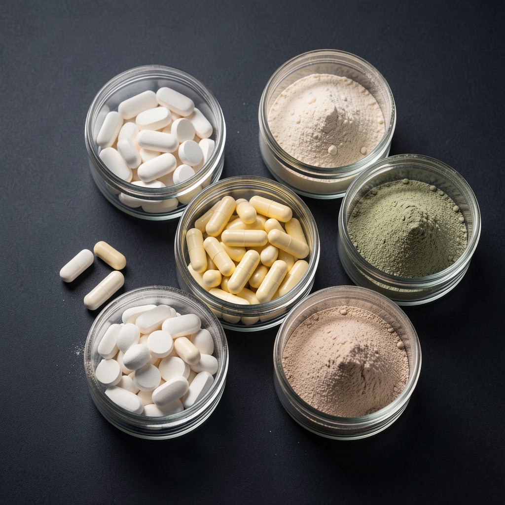 Overhead shot of supplement capsule shell samples and raw elemental powder in small glass vessels on a dark surface, quality-control environment with sharp studio lighting
