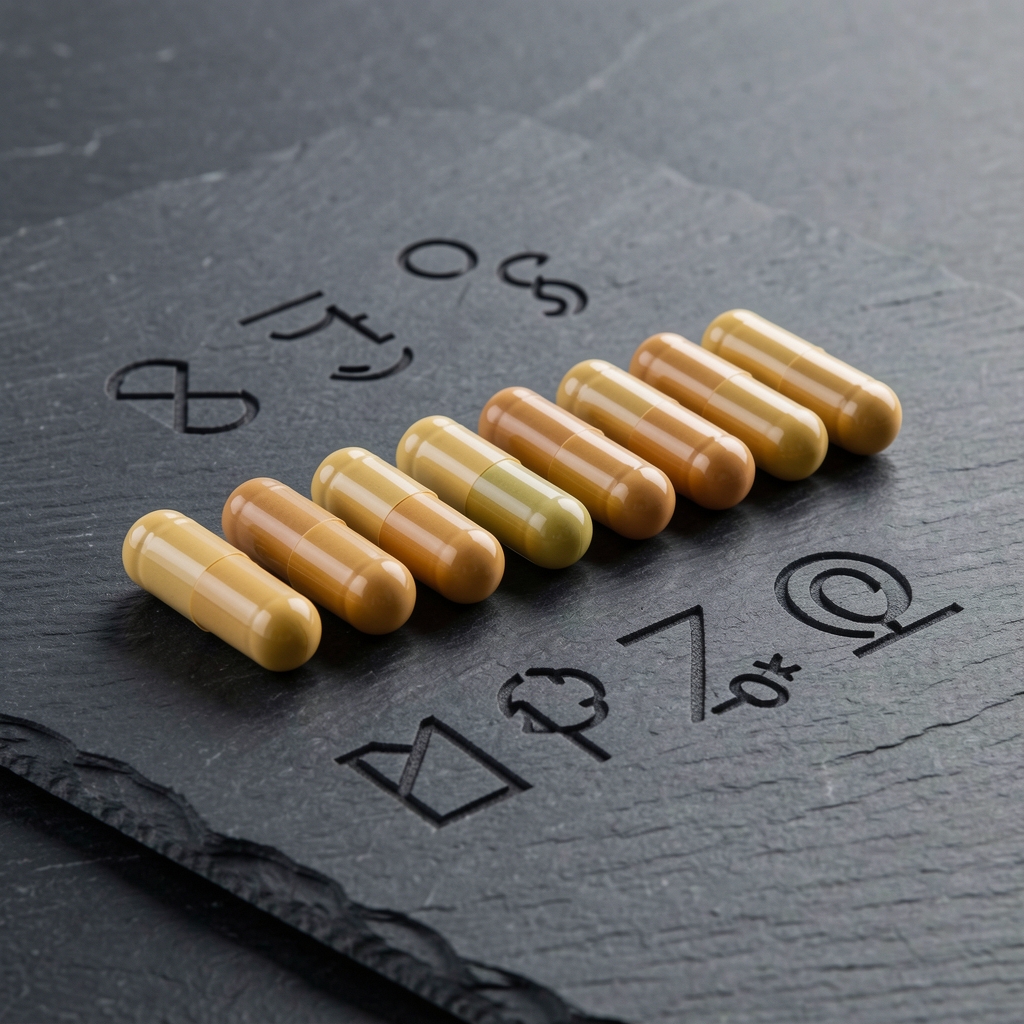 Talone premium supplement capsules arranged in a precise line on a dark slate surface with elemental symbols etched nearby, clean studio lighting, product photography for men's health