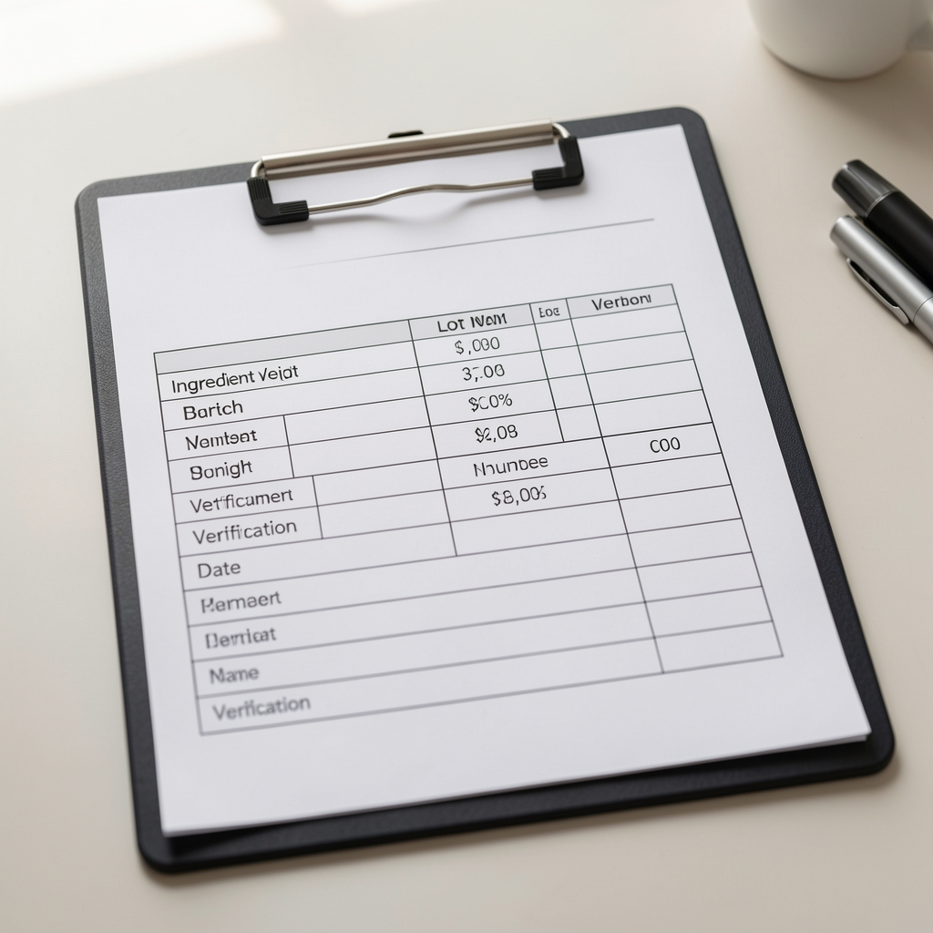 Closeup of batch documentation form showing ingredient weight entries, lot number, and verification date fields on a dark clipboard in a clean workspace environment