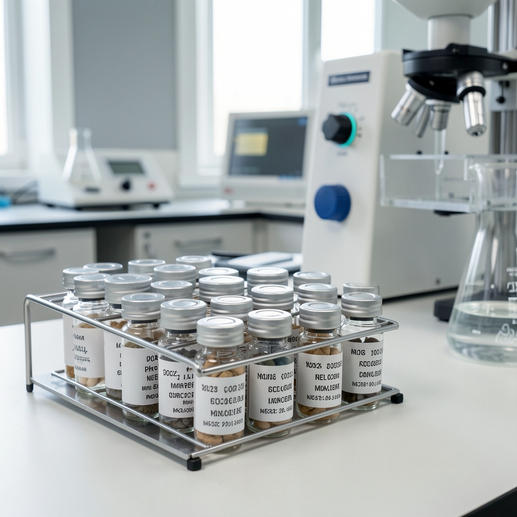 Laboratory setting with mineral supplement samples in small glass vials arranged in a rack, batch code labels attached, independent verification equipment visible in background