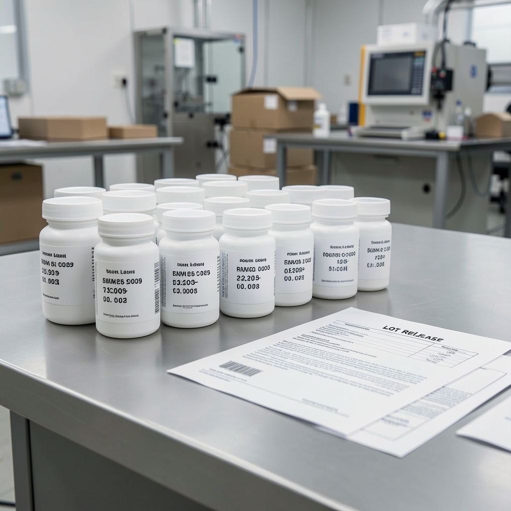 Packaged Talone supplement bottles with batch code labels visible, arranged on a dispatch surface alongside a printed lot release document, clean industrial workspace